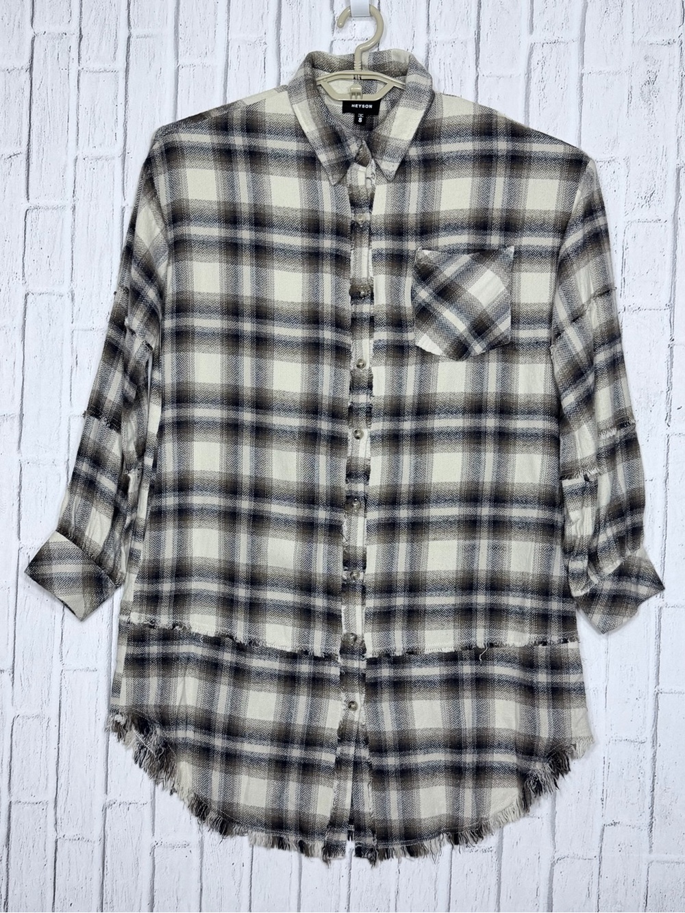Heyson 100% COTTON Washed Plaid Frayed Button Down Shirt Dress Small NWOT